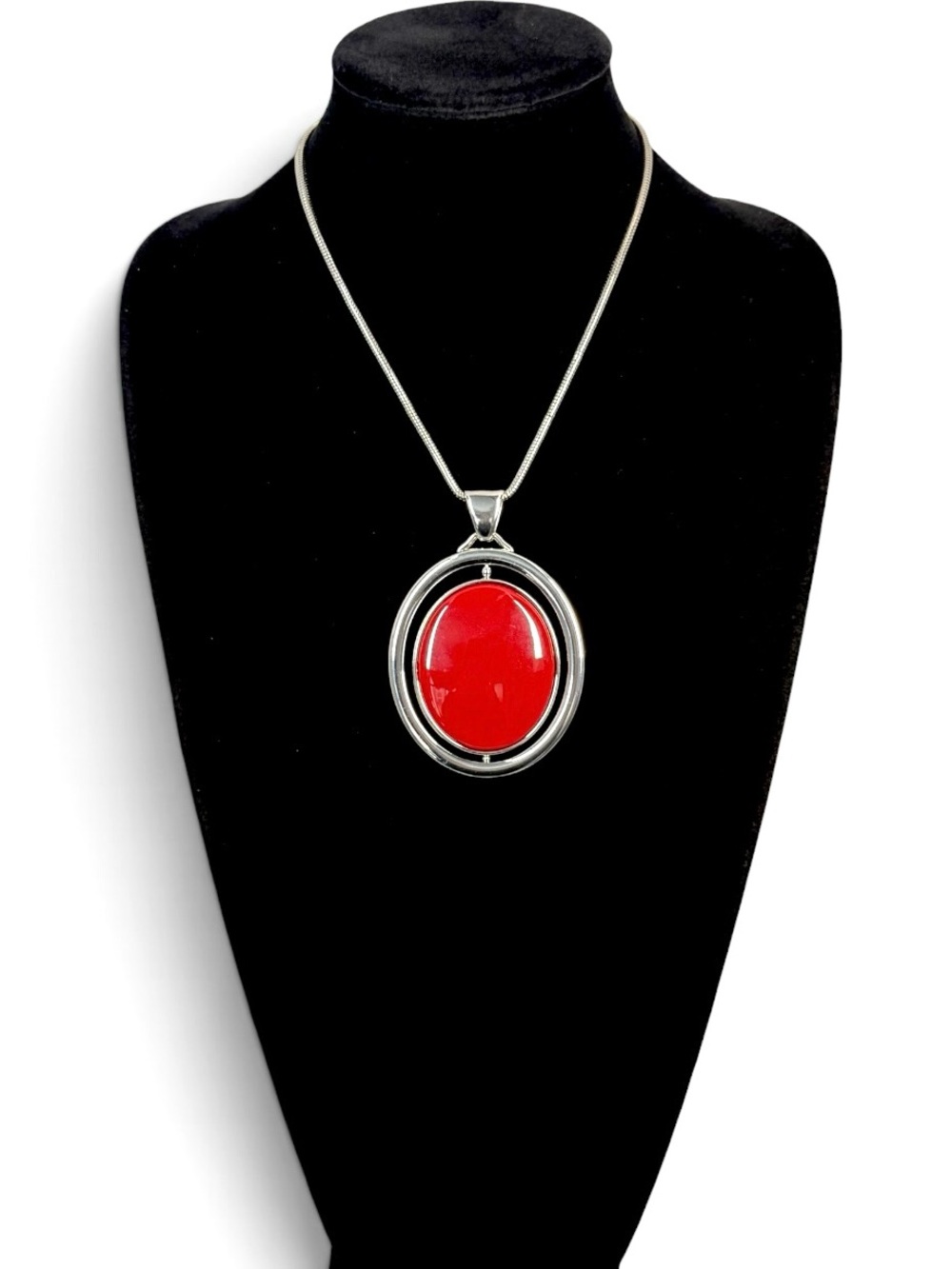 CHICO’S Reversible Red Black Pendant Necklace Silver Tone NWT